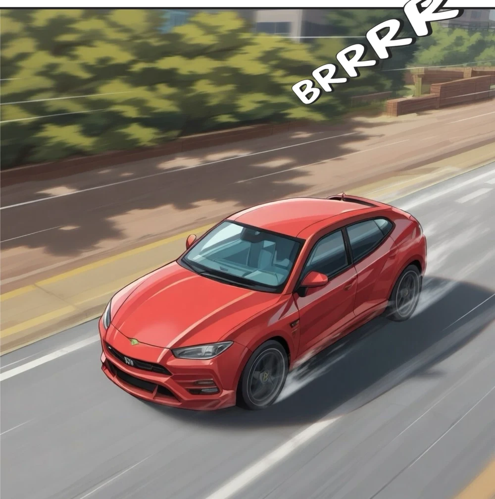 A red car drives along a tree-lined road